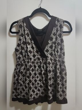ANA Brown Cream Geometric Peplum Blouse L